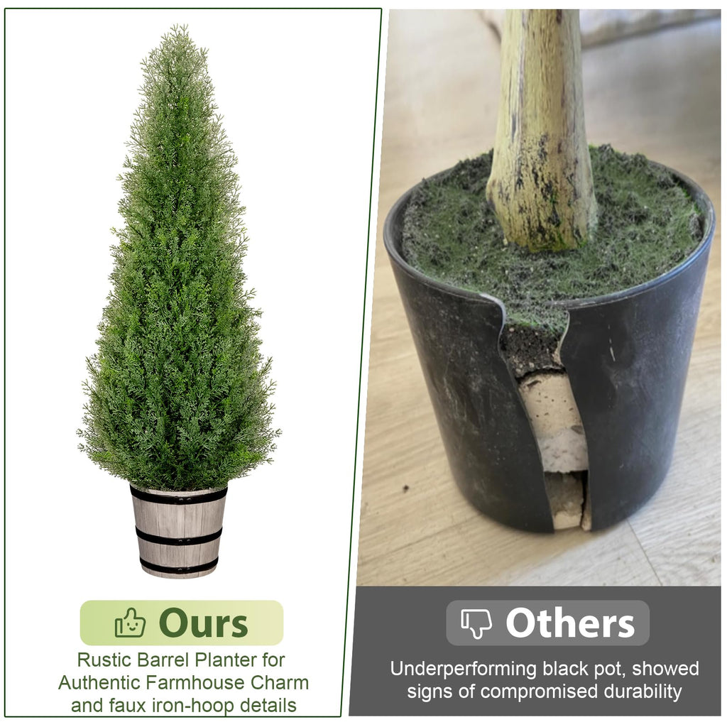 4FT Artificial Cedar Topiary Trees with Rustic Barrel Planter, Outdoor Indoor Realistic Faux Pine Shrubs Plants, Fake
