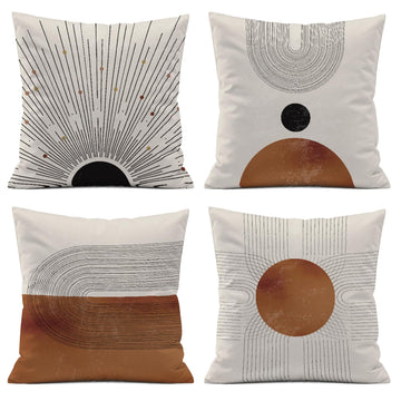 Abstract Minimalist Throw PillowCovers, Mid-Century Modern Geometric Sun Pillow Case Decor Set of 4, Bohemian Pillow