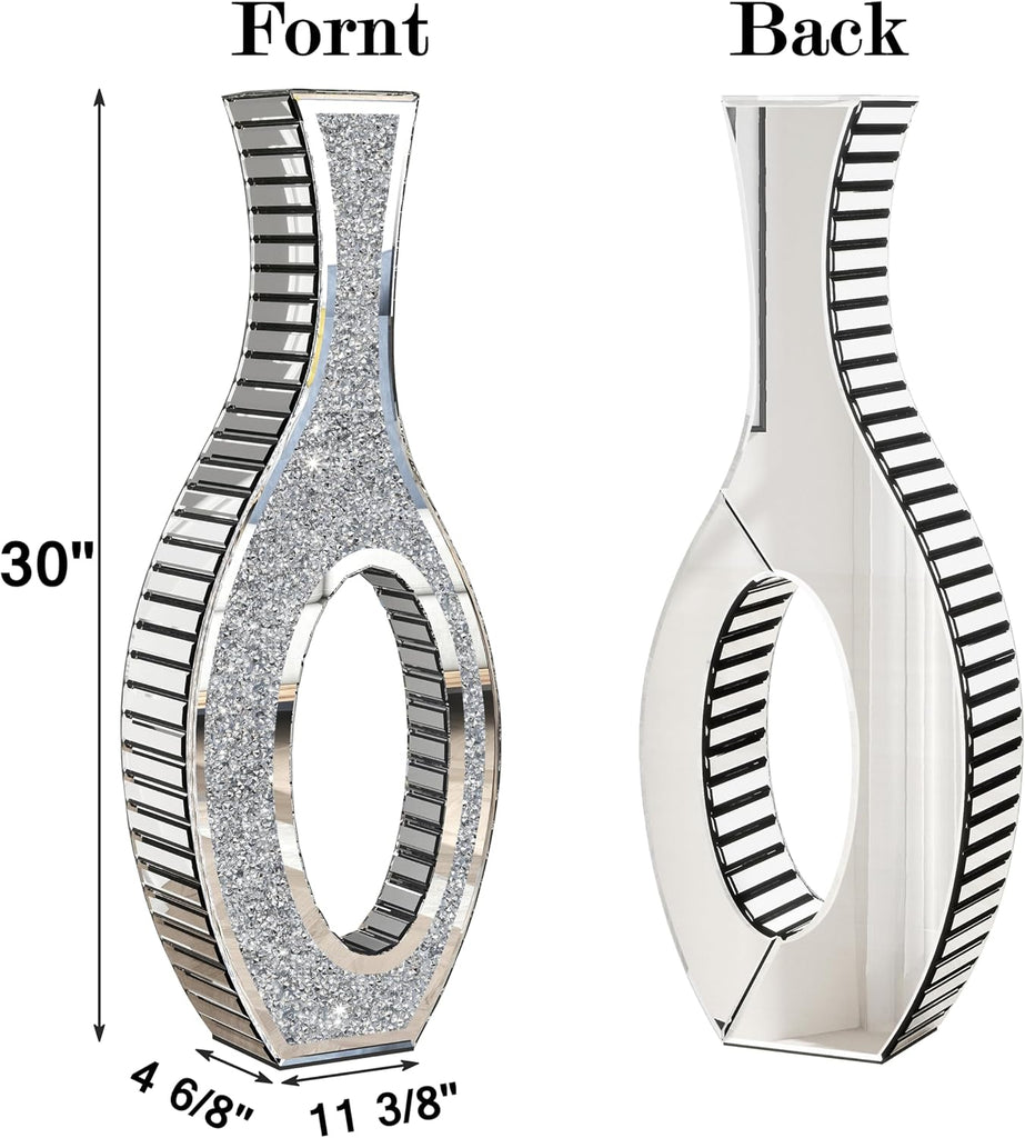 Floor Vase Crushed Diamond Mirrored Vase 30" Tall, Large Silver Tall Vases for Floor Crystal Hollow Decorative Glass