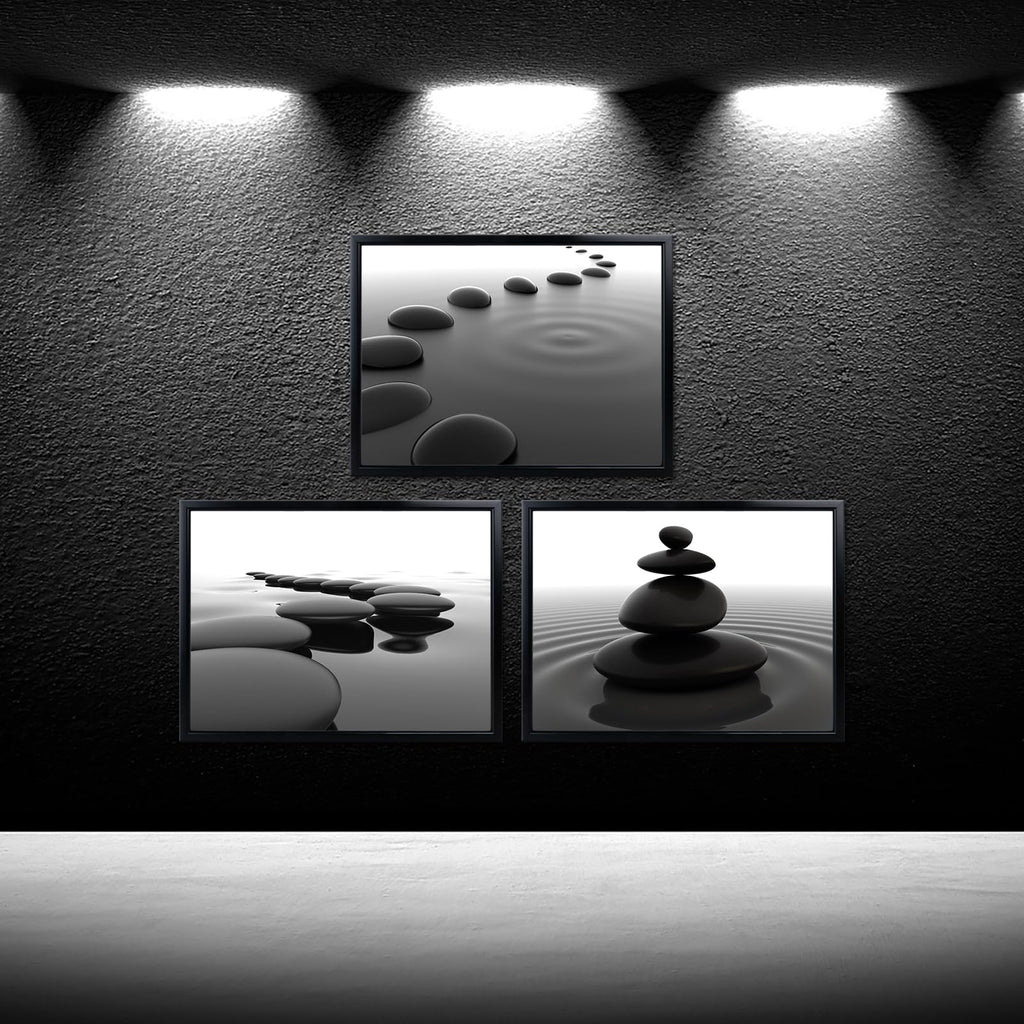 3pcs Black and White Zen Wall Art Stones in Water Canvas Prints with Black Frame Yoga Meditation Spa Living Room
