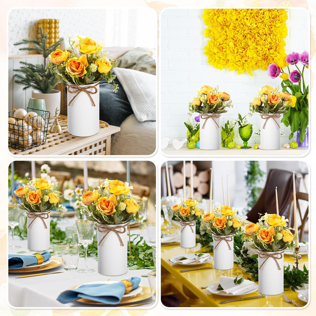 6 Sets Wedding Centerpiece for Table Decoration Yellow Artificial Fake Rose Flower with Metal Vase Faux Silk Rose