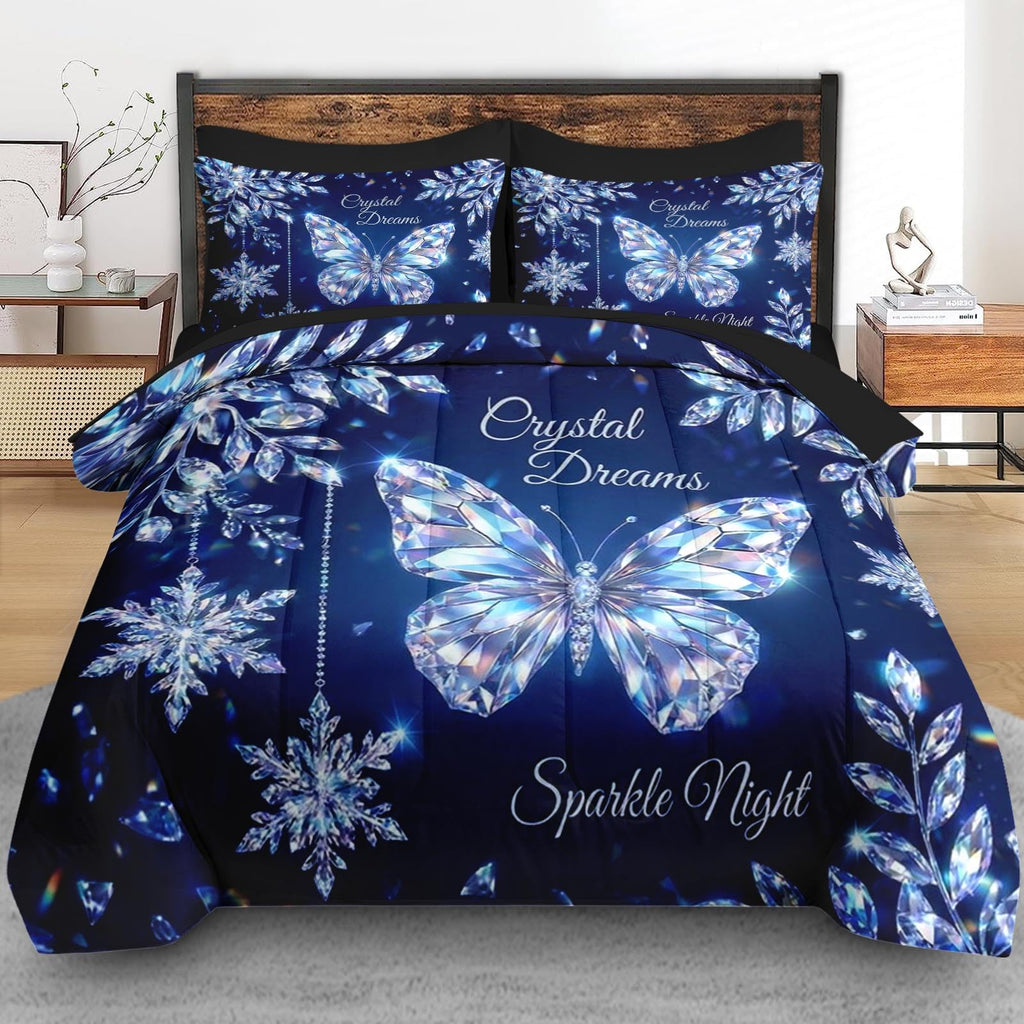 Queen Comforter Set with Sheets, 7 Pieces Butterfly Crystal Bedding