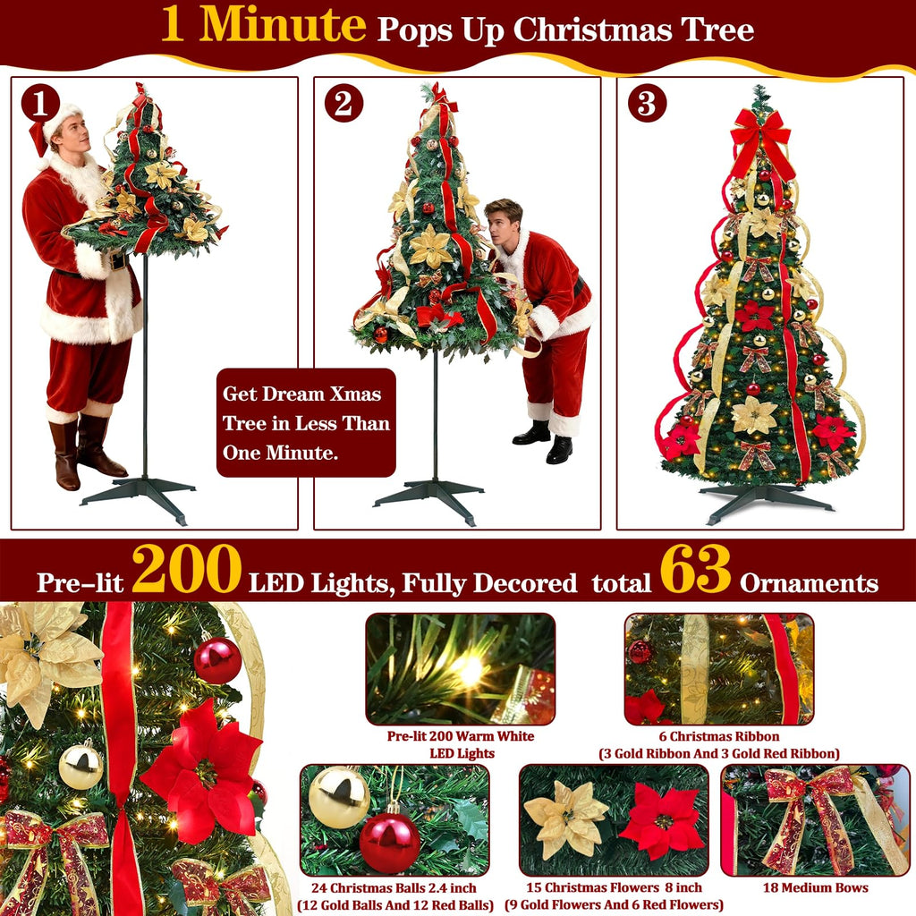 6.5 Ft Pop up, Prelit 200 Warm White LED Lights, Opens Instantly, Fully Decorated, 8 Lighting Modes &
