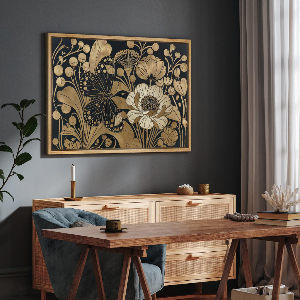 Framed Canvas Print Wall Art Black Gold Art Nouveau Butterfly Floral Illustrations Modern Art Decorative Zen - 16""