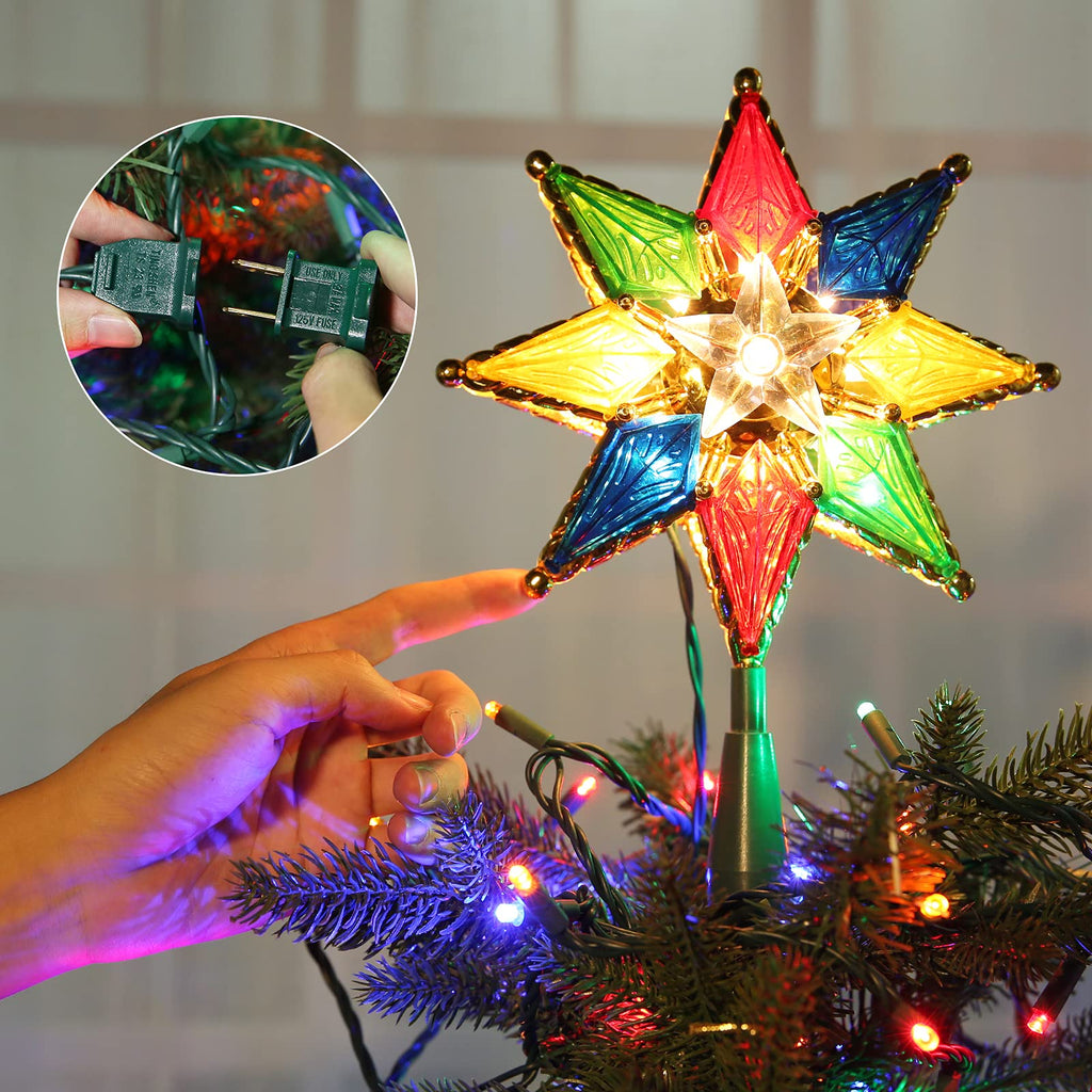 Christmas Star Tree Topper, 8" Lighted Double-Sided Christmas Tree Topper, 8-Point Multi Color Xmas Tree Topper with