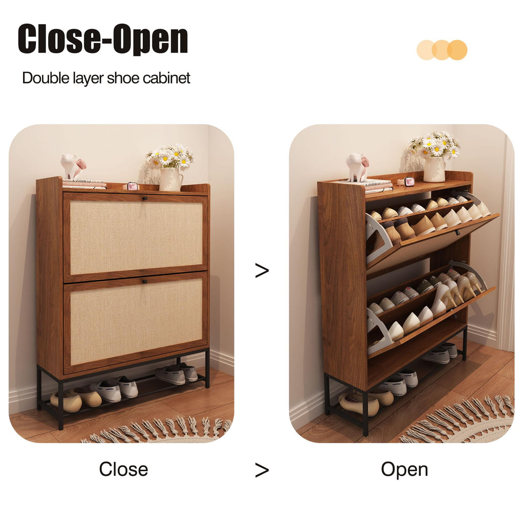 Narrow Shoe Storage Cabinet with 2 Flip Drawers, Walnut