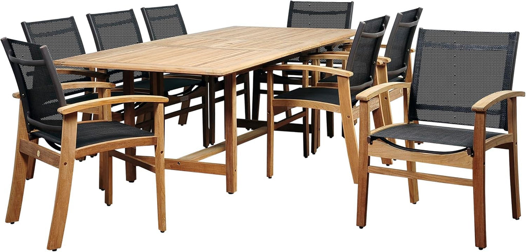 Georgetown 9 Piece Teak Extendable Rectangular Dining Set with Black Sling Chairs