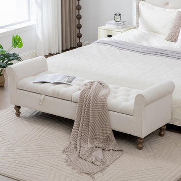 66" End of Bed Storage Bench King Size Beige,Napped Fabric Window Bench with Dual-Opening Compartments,Long Tufted