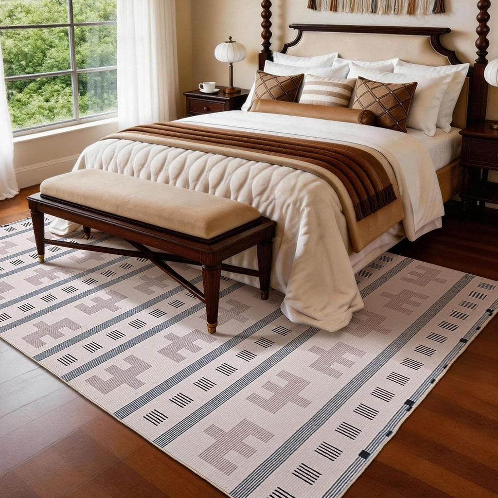 Washable Area Rug, Boho Southwestern, Cream Beige