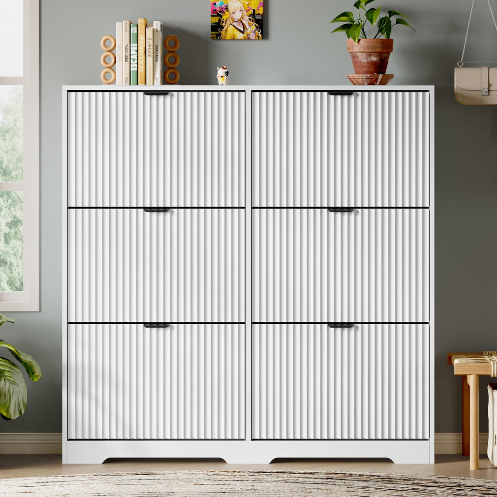 Shoe Storage Cabinet with 6 Flip Drawers, Hidden Slim Wood Shoe Organizer with Modern Fluted Panel, Freestanding