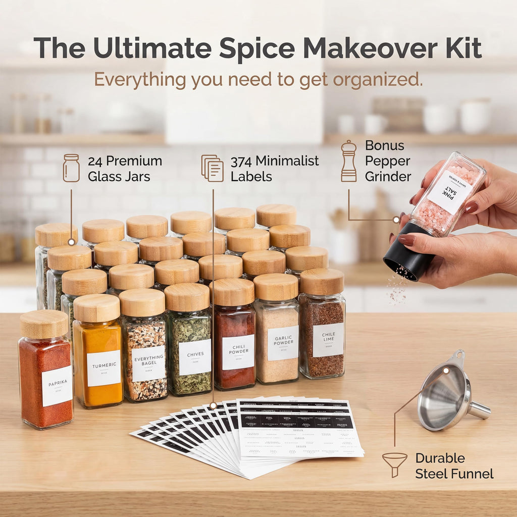 Glass Spice Jars with Label, 24PK Bamboo Jar Spices Set 4oz, 374 Spice Labels, Pepper Grinder, Empty Herb Seasoning