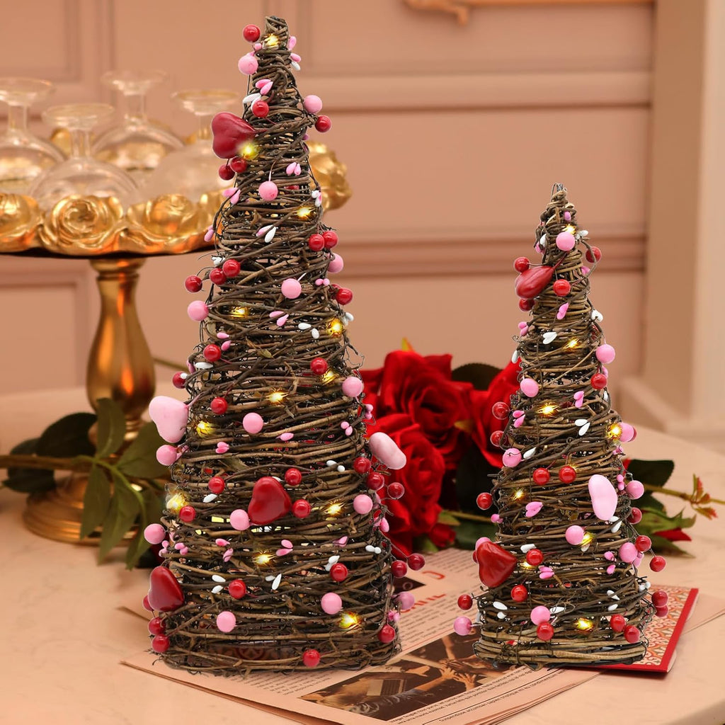 Valentines Day Rattan Table Tree Decor,Lighted Valentines Day Decorations - Set of 2