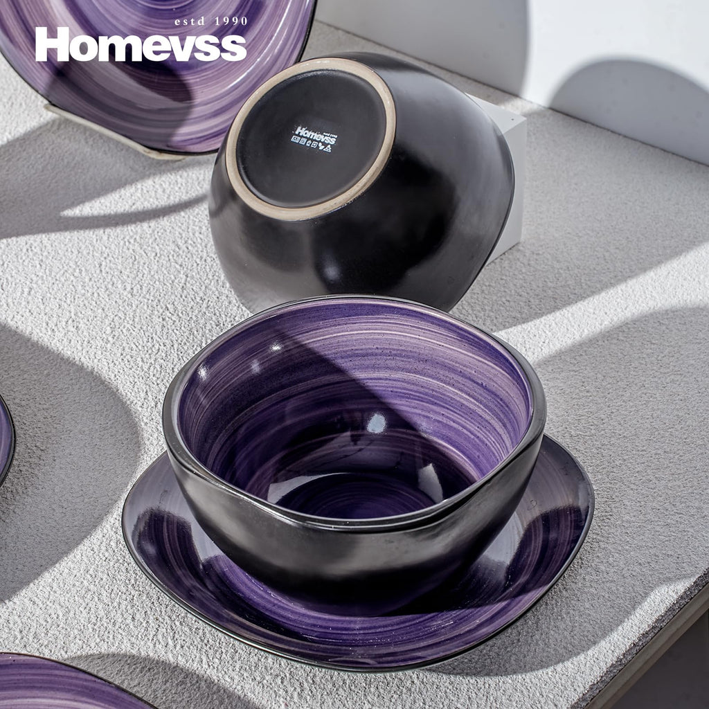 16-Piece Square Dinnerware Set - Serves 4, Inside Spinwash Swirl Purple + Outside Black Plates & Bowls Set