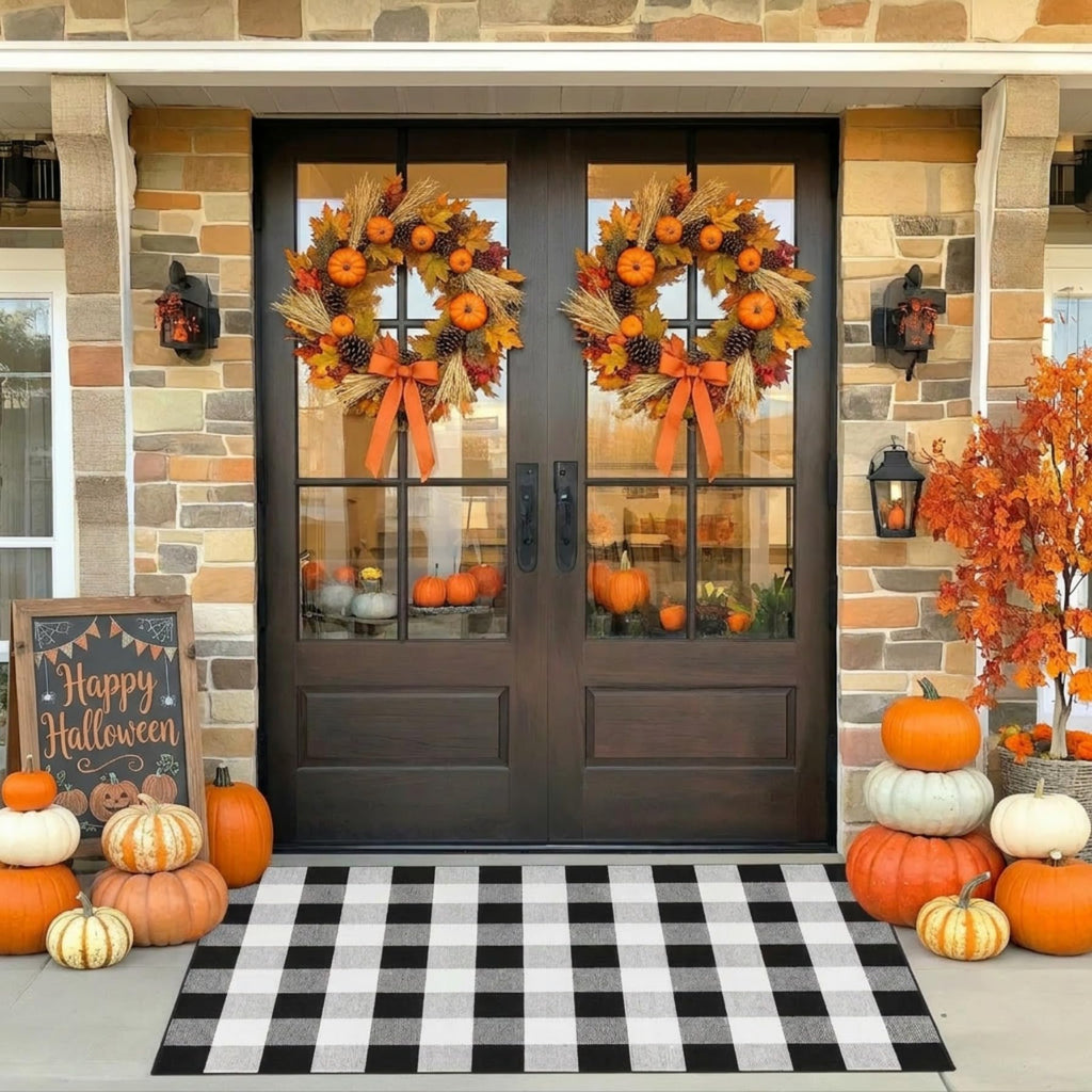 Fall Decor Cotton Buffalo Plaid Rug, 3' x 5' Black and White Outdoor Rug Front Door Decorative Mat, Washable Doormat