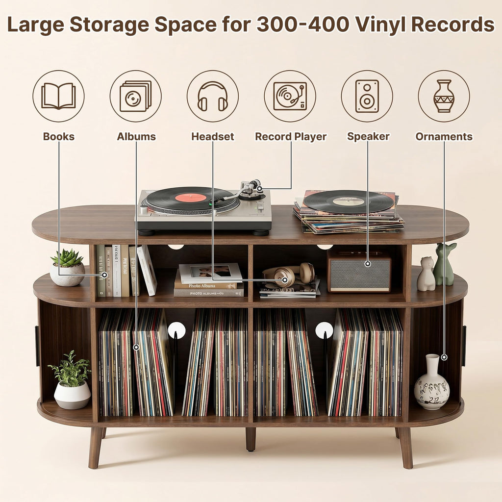 Large Record Player Stand with Storage and Charging Station, 55" Turntable Stand Vinyl Record Player Table Cabinet