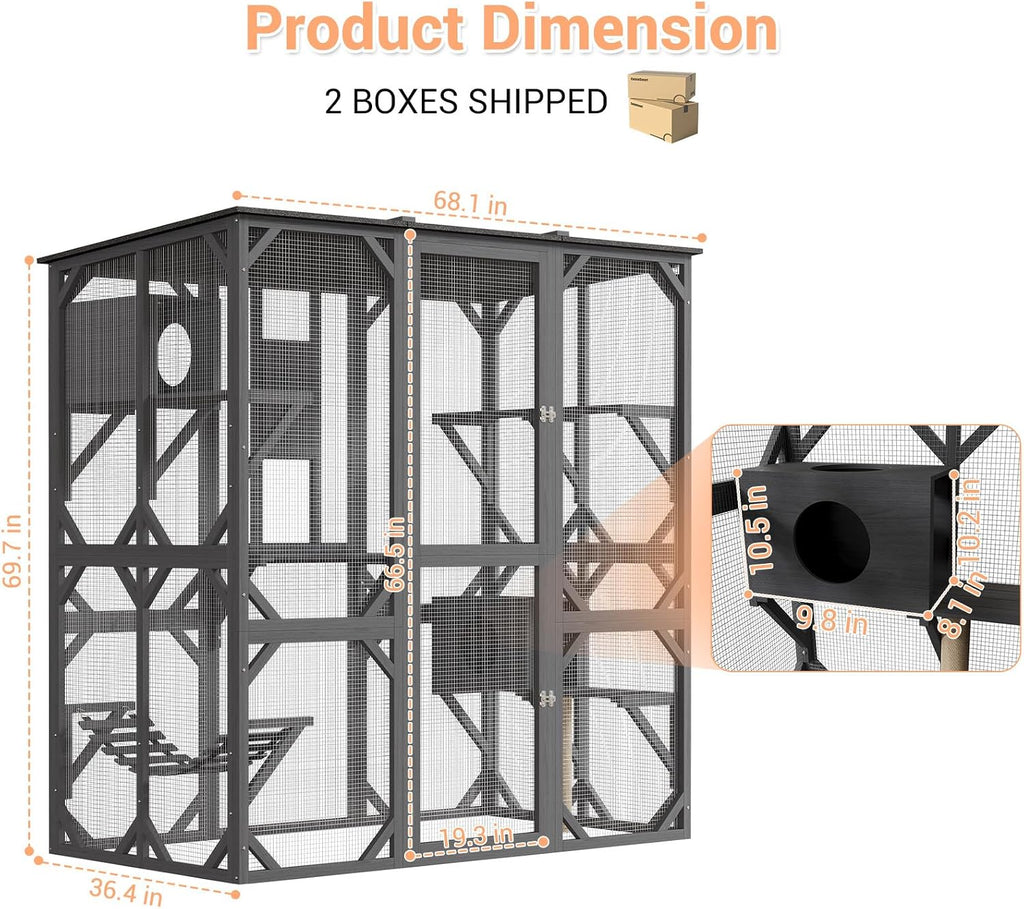 70'' Outdoor Cat Enclosure, Walk-in Catio with 4 Jumping Platforms & 2 Napping Houses, Swing Hammock, Cat House Indoor