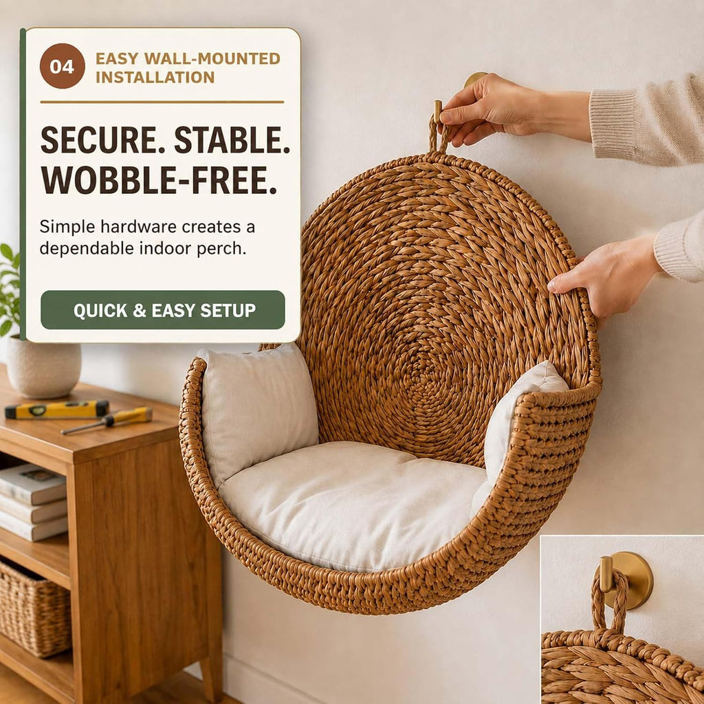 Handwoven Hanging Cat Bed, Space-Saving Wall Mount for Indoor Cats, 1pc