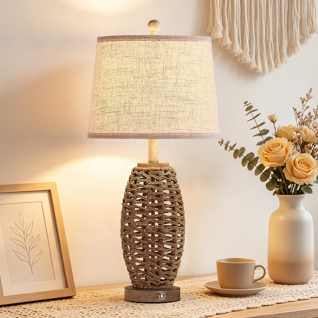Rattan Table Lamp, Dimmable Touch Lamp for Bedside Table, Rustic Vintage Table Lamp with USB Ports, Farmhouse