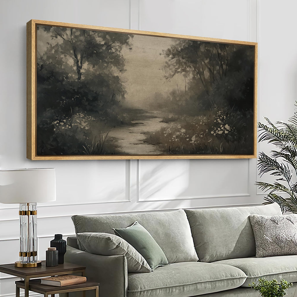 Extra Large Framed Canvas Print Wall Art Dark Forest Path Moody Nature Landscape Illustrations Modern Art Calm Warm