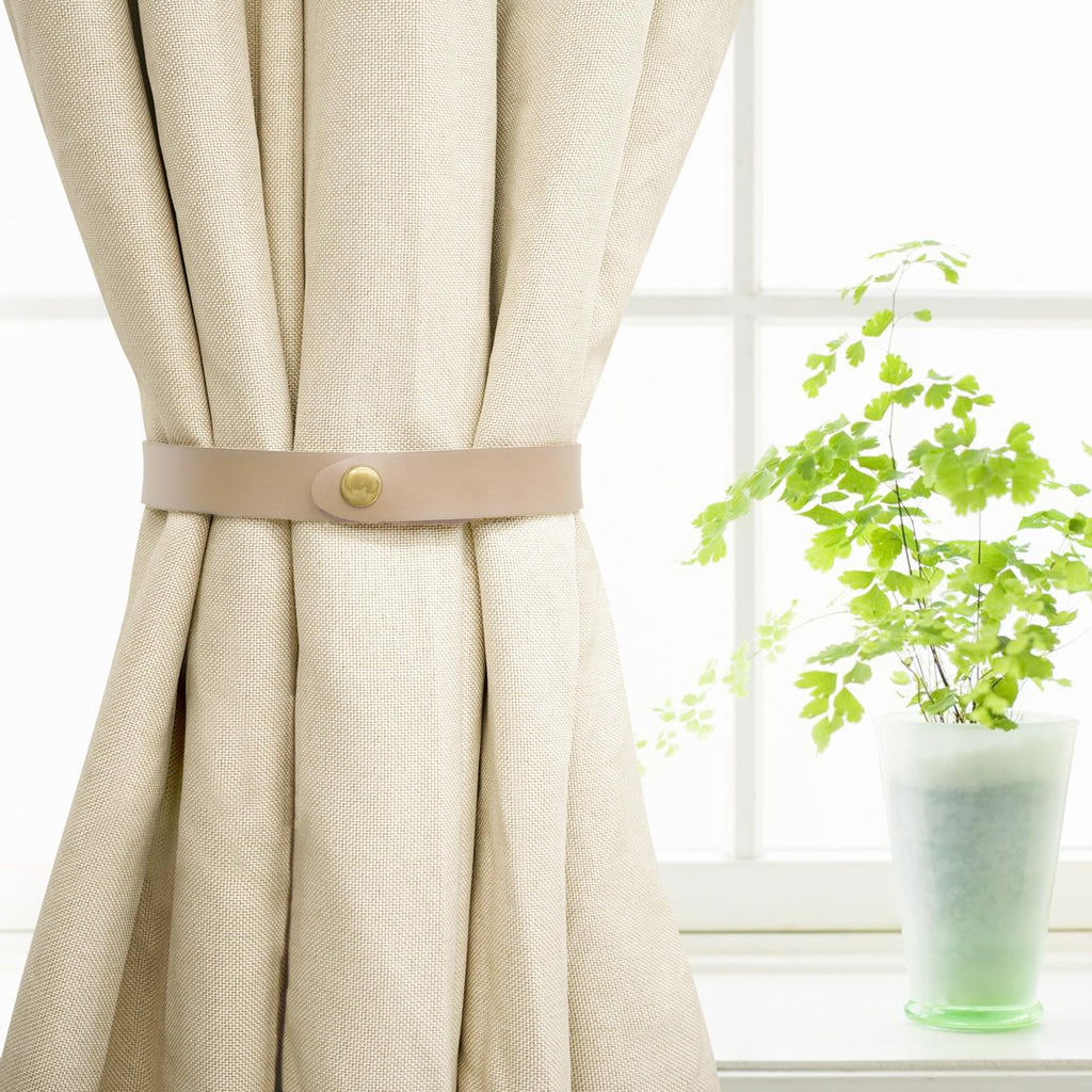 PU Leather Curtain Tiebacks, No Drill Holdbacks, Beige, 2 Pack