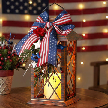4th of July Solar Lanterns Outdoor Waterproof, Patriotic Hanging Lantern with Flickering LED Candle, 13" Independence
