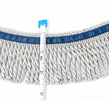 2.5" Wide Bullion Fringe Trim with Blue Ribbon,Silver - 5 Yard