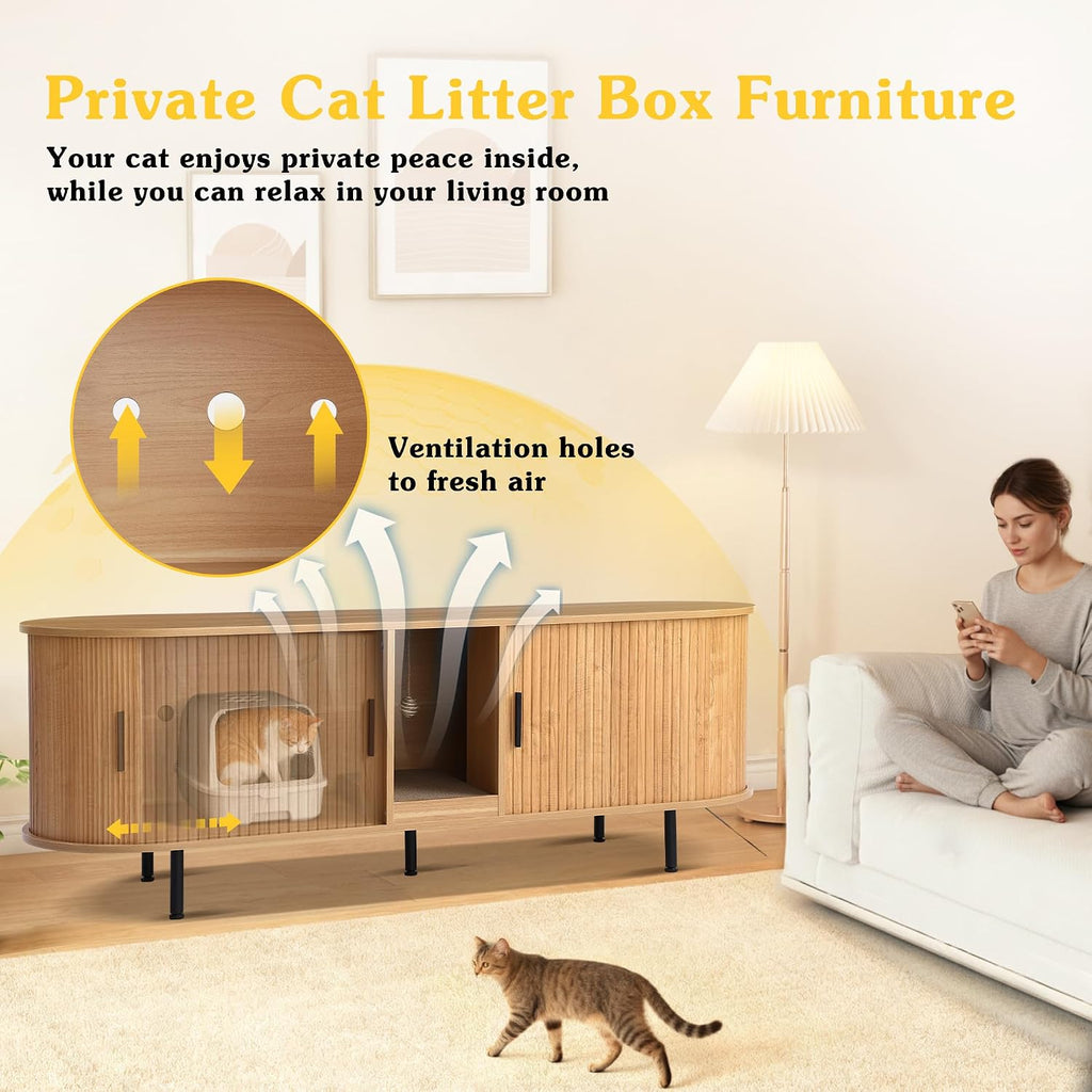 Hidden Cat Litter Box Enclosure with Sliding Door, Built-in Scratch Pad, 63" Modern Indoor Cat House, Fluted