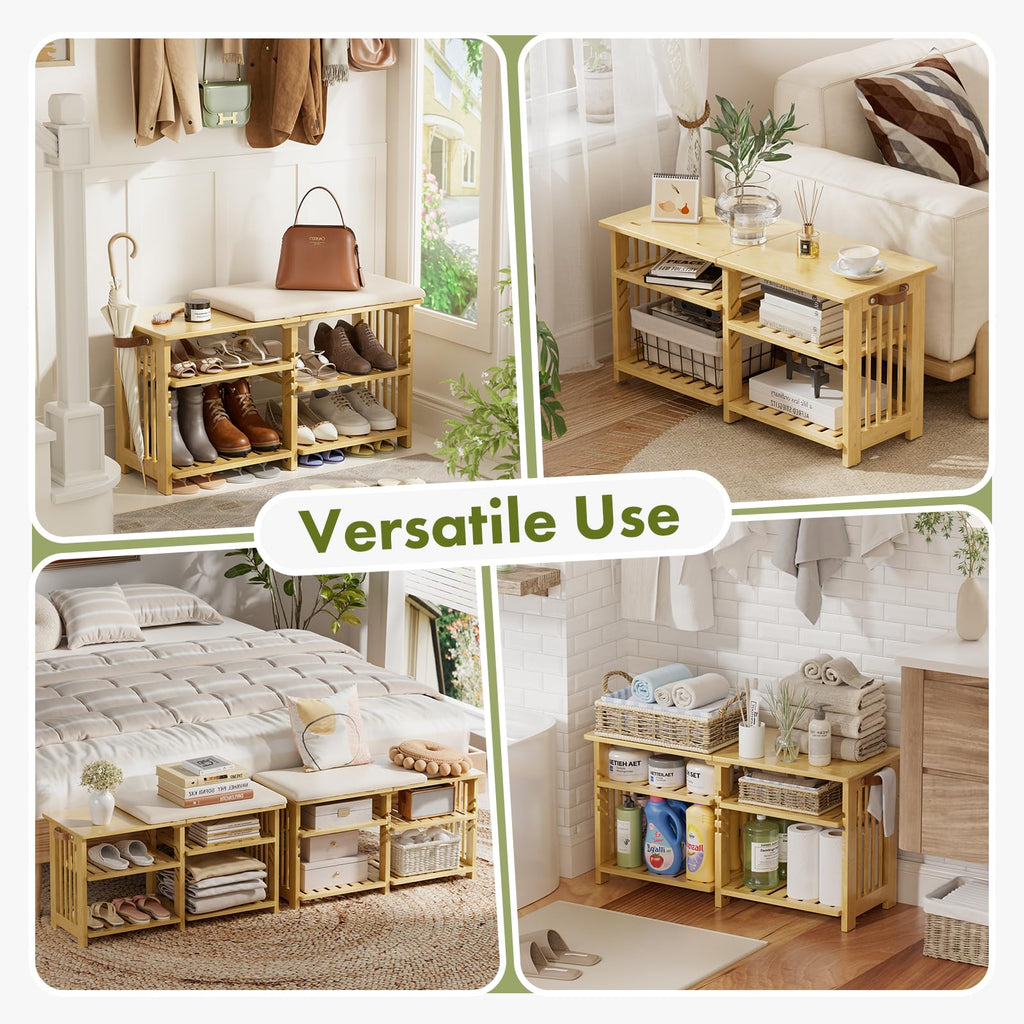 Bamboo Shoe Rack Bench, 3-Tier Shoe Bench Height Adjustable, Entry Bench with Side Storage Strap, Shoes Organizer