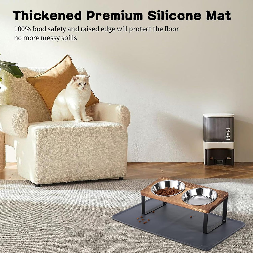 Upgraded Elevated Cat Bowls with Food Mat, 15°Tilted Stand Anti Vomiting Raised Cat Dishes for Food and Water, 2