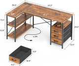 L Shaped Office Desk with Power Outlets, 47 Inch Computer Desk with 3 Drawers, Shelves, for Gaming, Corner Work