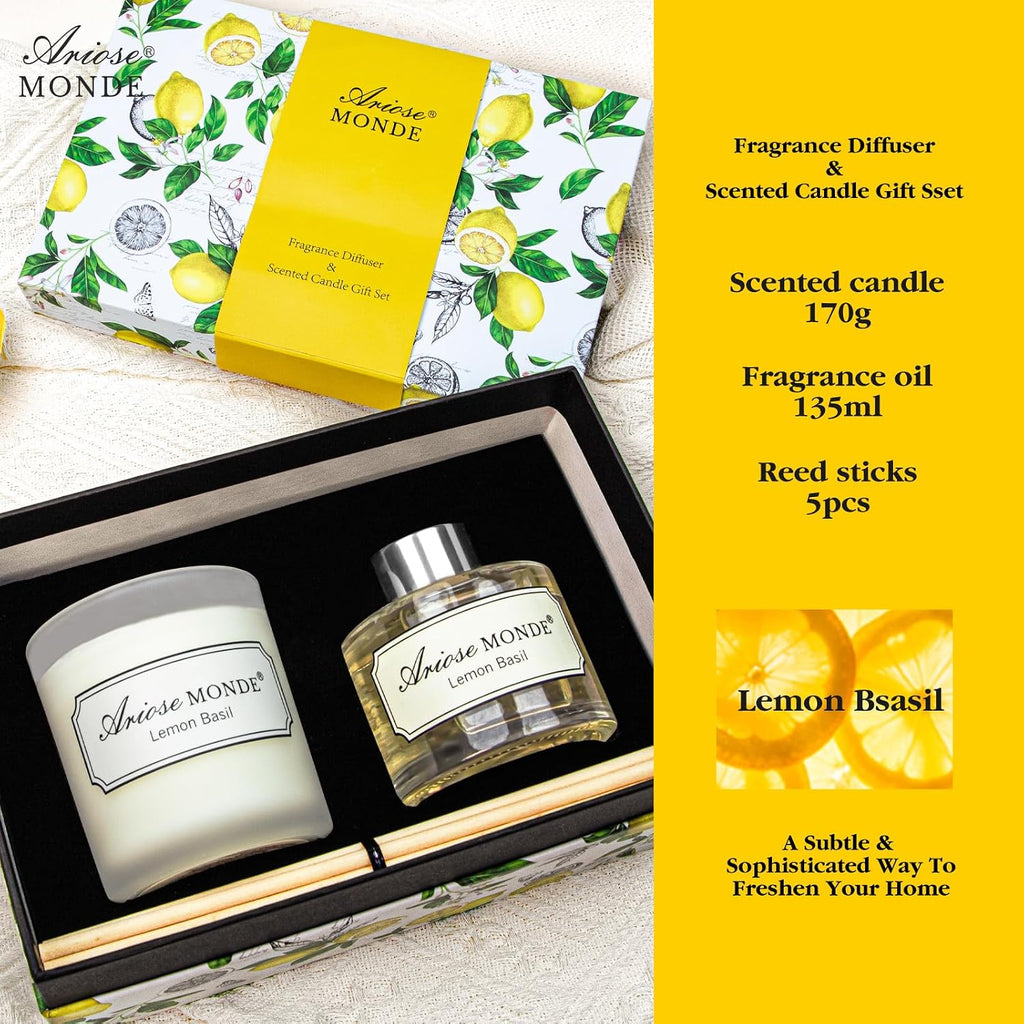 Reed Diffuser & Candle Gift Set, Lemon Oil Diffuser Decor