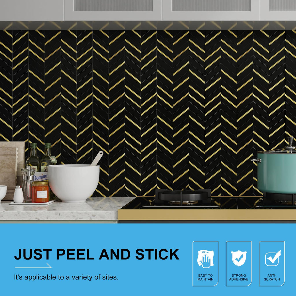 Black Marble Gold Herringbone Tiles (10-Pack, 8 Sq Ft)