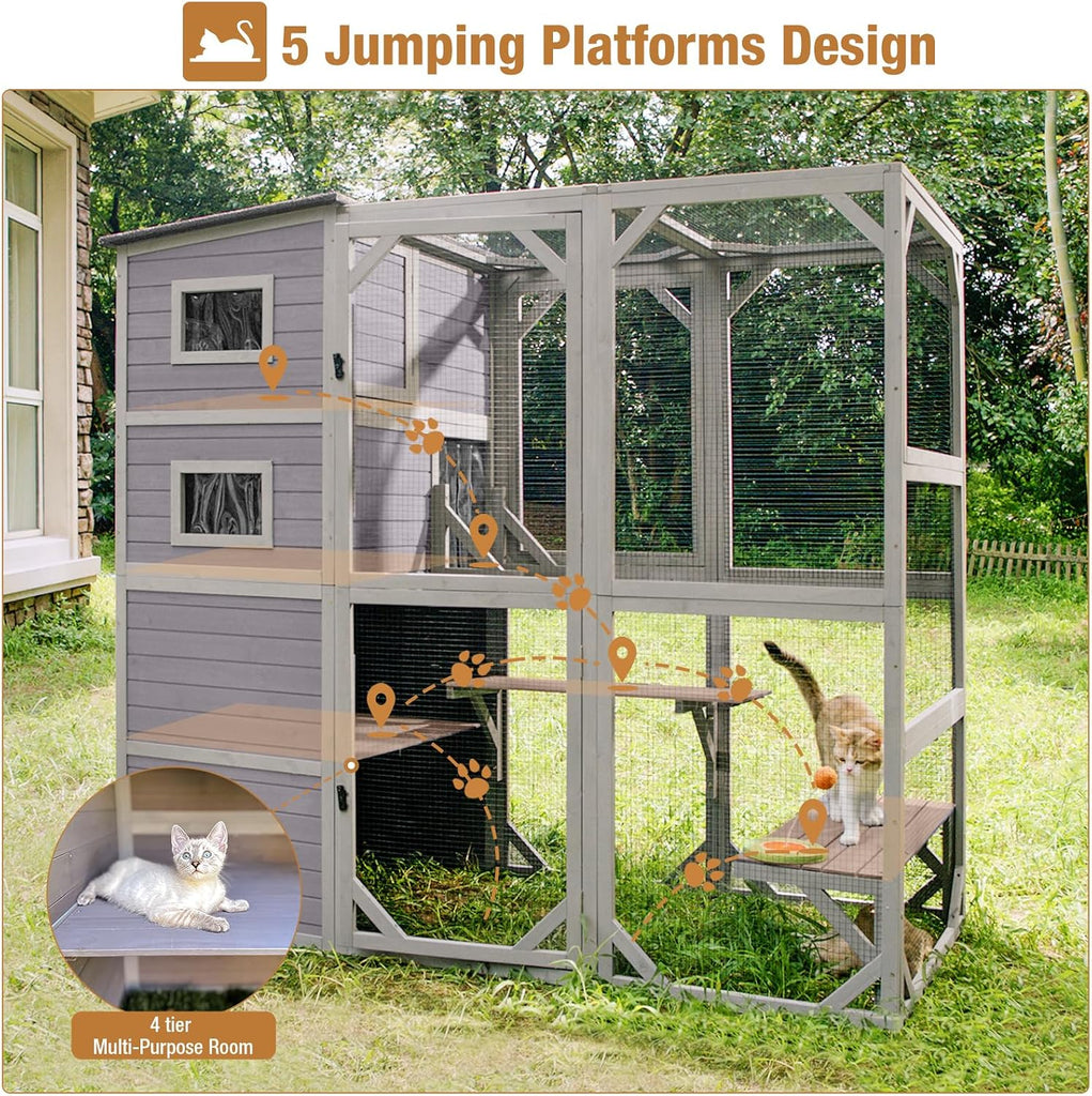 76.8 Inches Large Wood Catio, Catio Outdoor Cat Enclosure Large Walk in Cat Cage with 3 Platforms and 2 Resting Houses
