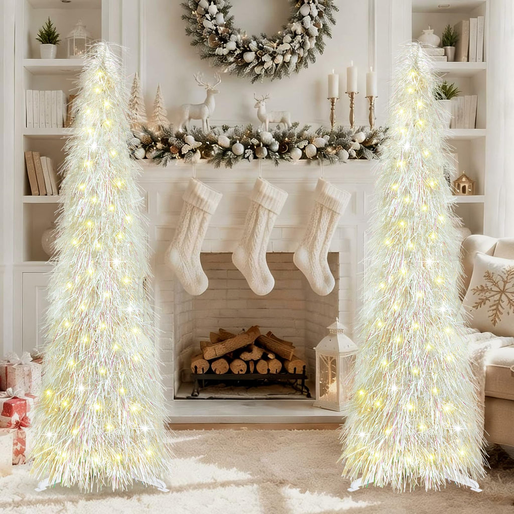 5 FT Shaggy Pop Up Christmas Tree with 50 Timer Lights, White Collapsible Artificial Tinsel Christmas Pencil Tree