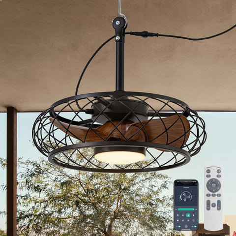 20'' Outdoor Ceiling Fans with Lights, Gazebo Fan Wet Rated Remote&APP Control, Plug in Ceiling Fan for Patios, Pergola, Ceiling Fan with Remote Control, Hanging with Hook,Black