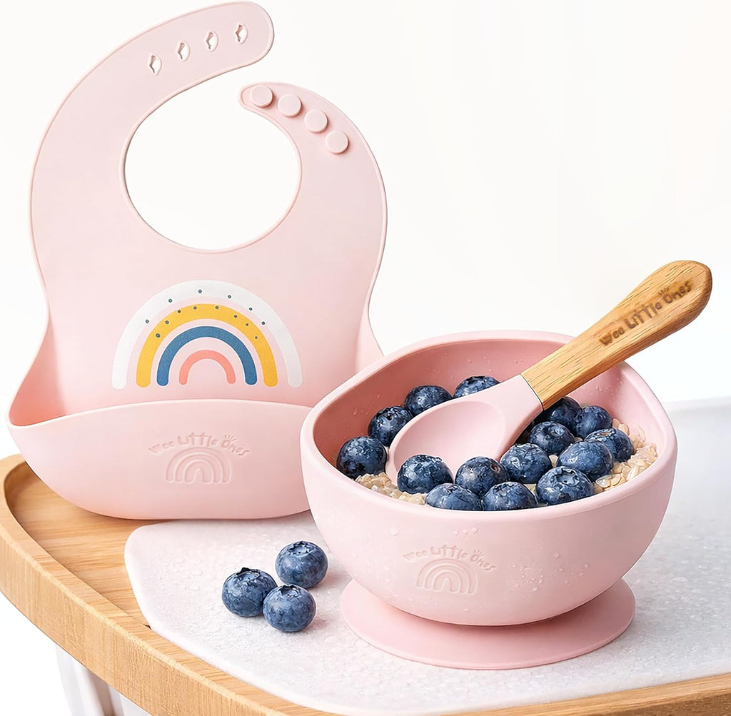 Silicone Bib and Suction Bowl Set - Baby Led Weaning Feeding Set with Adjustable Bib, Food Catcher Pocket, Strong