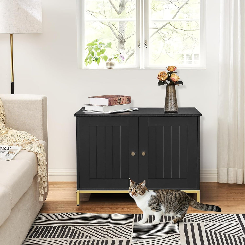 28.3" L Cat Litter Box Enclosure with Metal Frame, Black and Gold