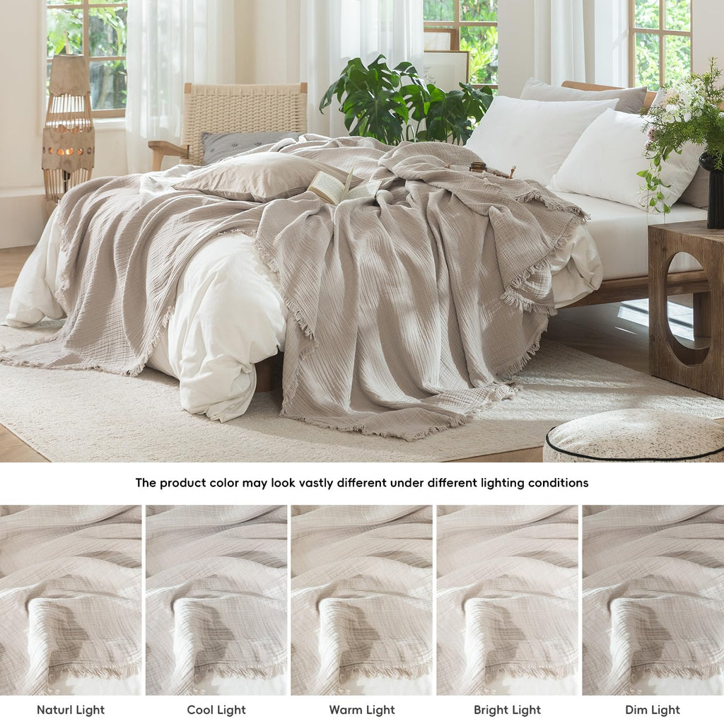 100% Cotton Muslin Blanket, Fringed 4-Layer Gauze Bed Throw Blankets