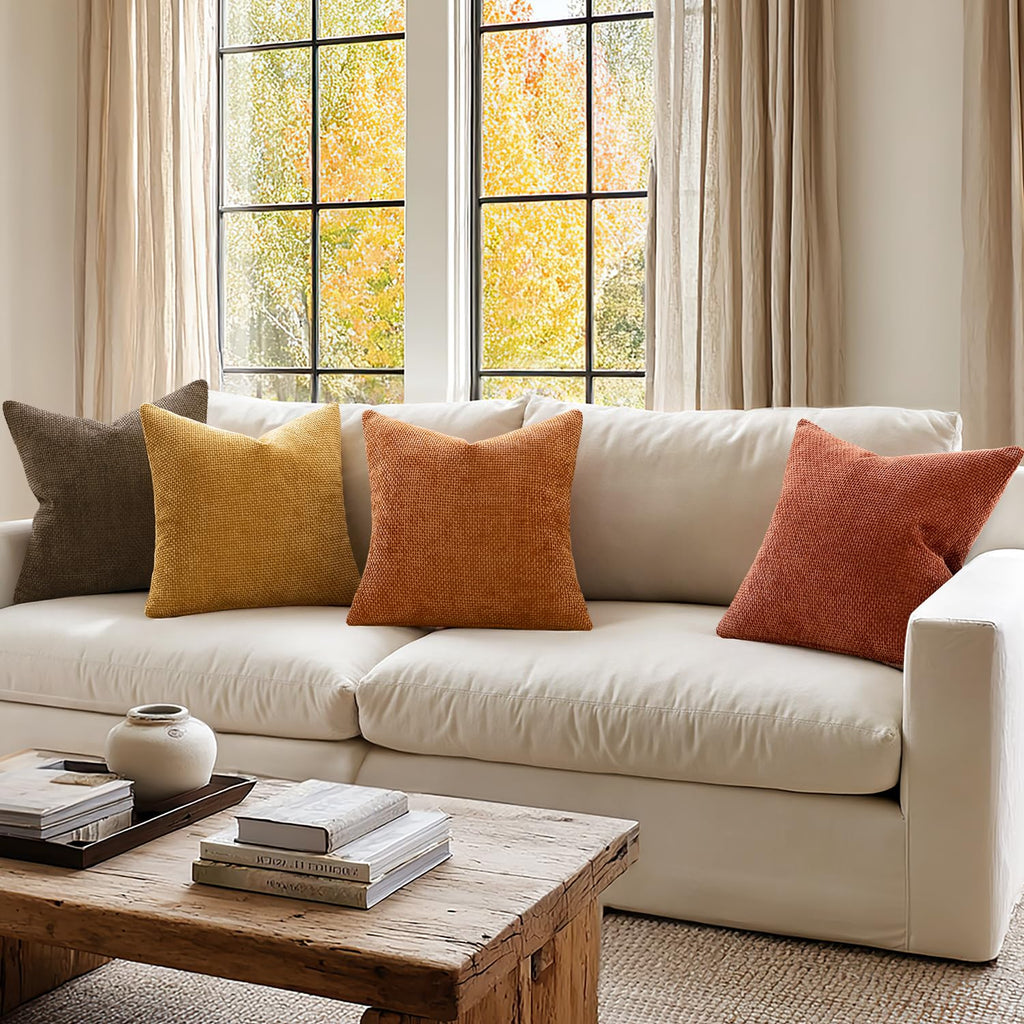 Decorative Chenille Fall Pillow Covers Orange Brown 18x18 Pack of 4