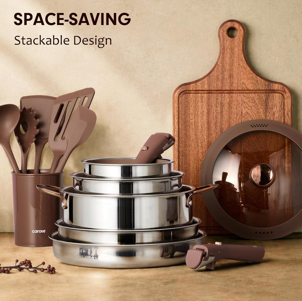 22pcs Hybrid Nonstick Pots and Pans Set, Stainless Steel Cookware Set with Honeycomb Titanium Interior, Induction