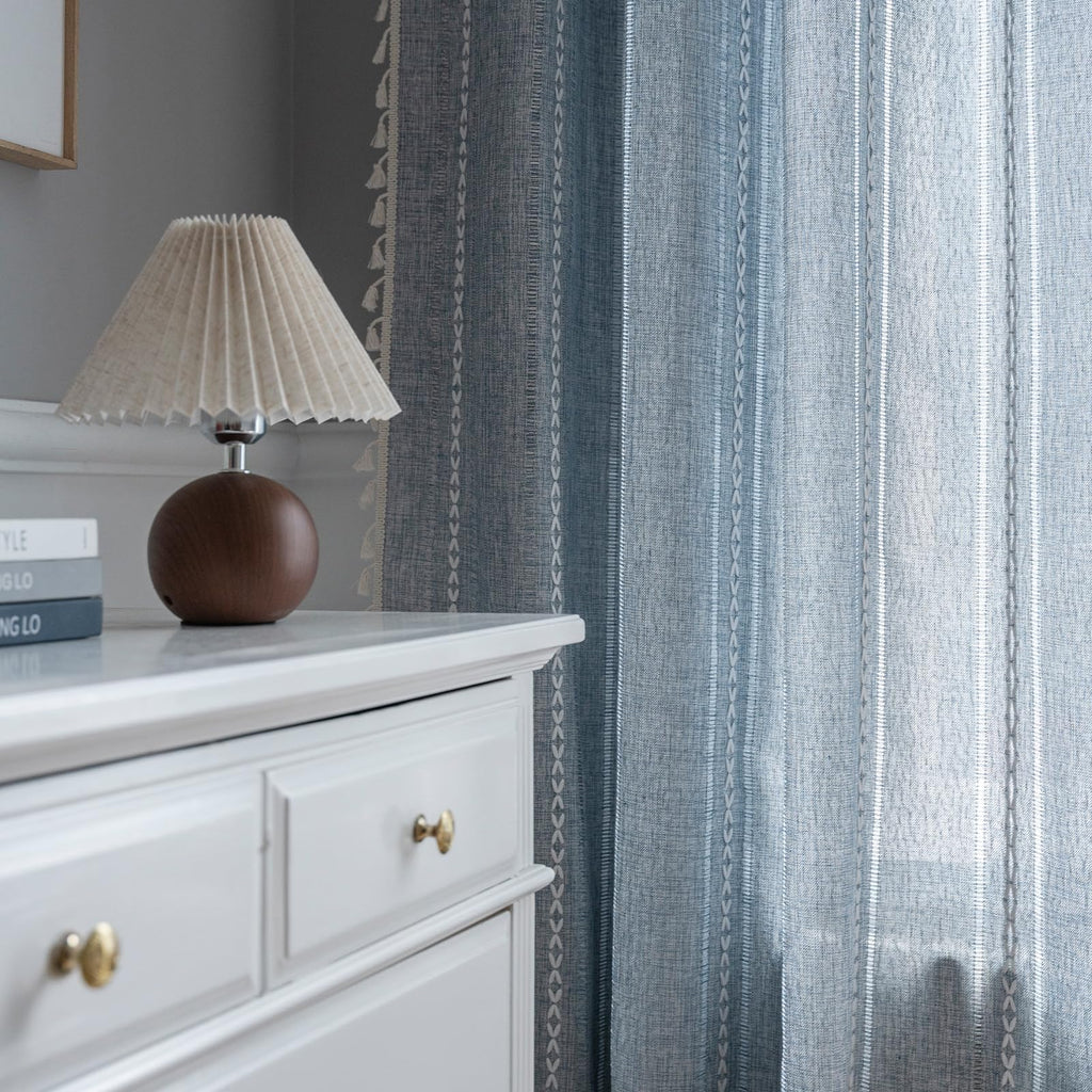 Blue Boho Curtains Linen-Textured Bedroom Light Filtering 2 Panels 63 Inch Farmhouse Embroidered Striped Curtains &