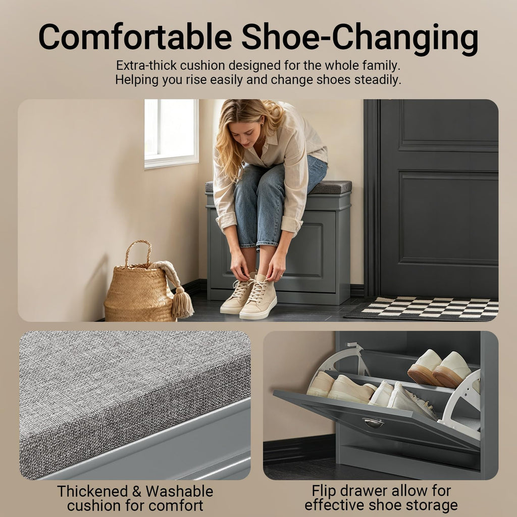 Grey Hallway Shoe Bench, Narrow Shoe Rack with Adjustable Shelf, Small Shoe Cabinet with 1 Flip-Drawer and Seat