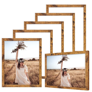 8x10 Picture Frame Set of 6, Rustic Brown Wood Photo Frames