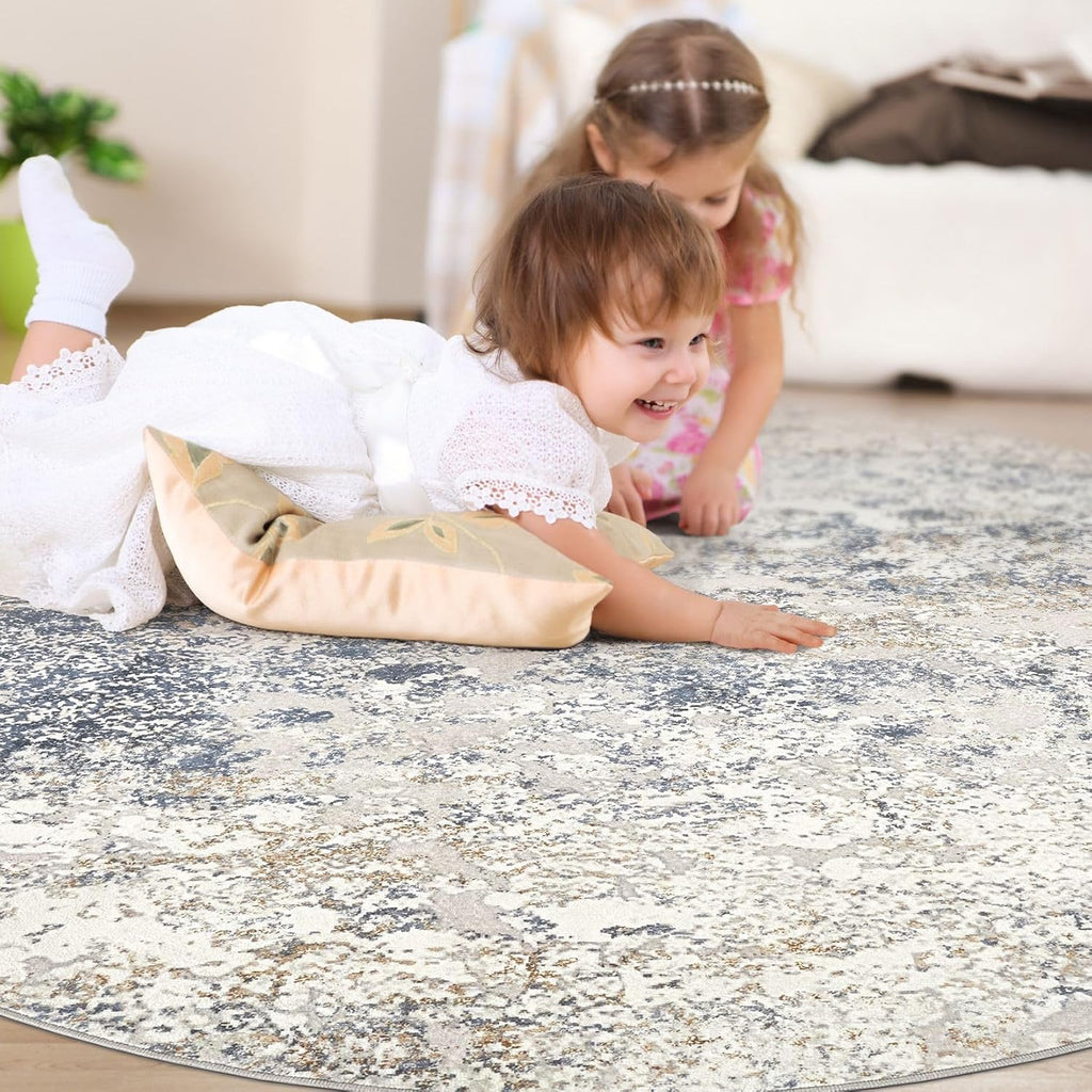 8ft Round Area Rug Living Room Rugs - 8x8 Washable Large Soft Indoor Neutral Modern Abstract Low Pil
