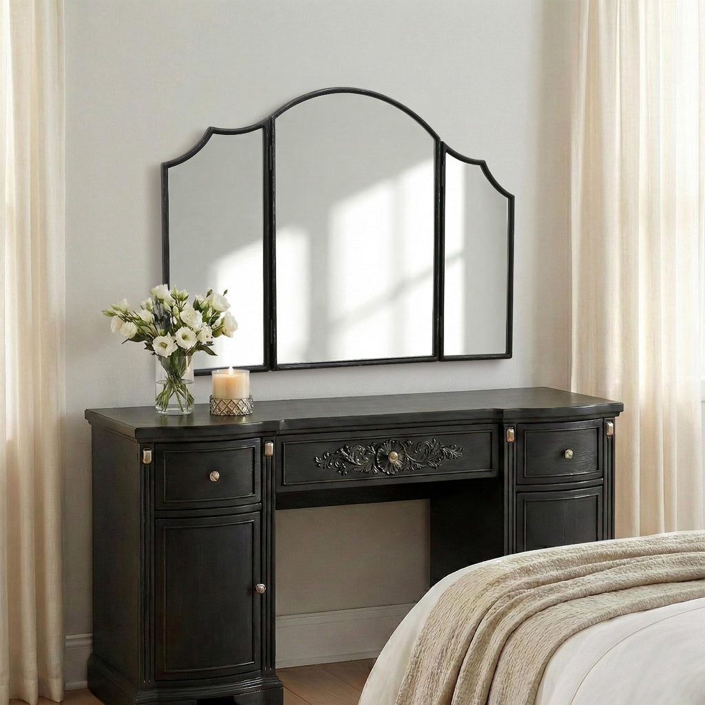 Black Scalloped Vanity Mirror: 36"x24" Three Sided Dresser Miror