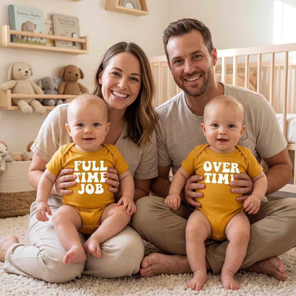 Full Time Job and Overtime Twin Set Two Infant Bodysuit Set, Gold