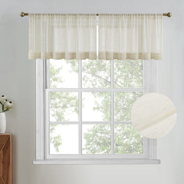 Natural Linen Valance Textured Sheer Curtains, Light Filtering Window Drapes Semi Sheer Rod Pocket Small Curtains