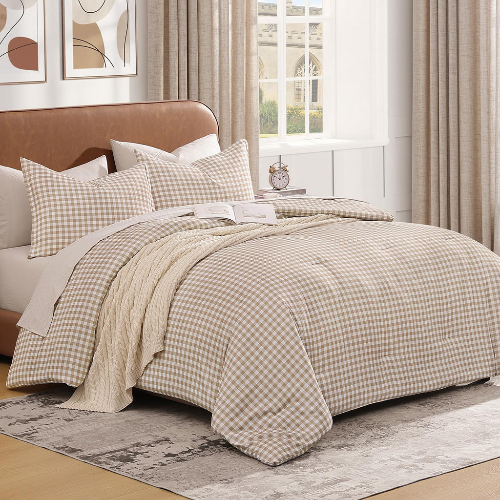 Tan Gingham Comforter Set Queen, Brown Checkered Grid Plaid Bedding - Set of 3