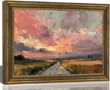 Vintage Gold Framed Wall Art, Colorful Sunset Road Canvas Print, 24x16 In
