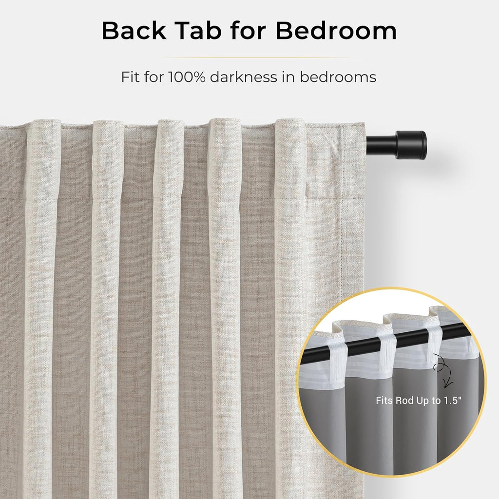 100% Blackout Curtains, Black Out Curtains 96 Inch Long, Clip Rings Linen Blackout Drapes, Thermal Insulated Room